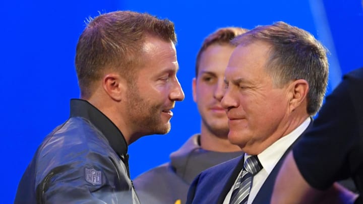 Jan 28, 2019; Atlanta, GA, USA; Los Angeles Rams head coach Sean McVay (left) greets New England Patriots head coach Bill Belichick (right) during Opening Night for Super Bowl LIII at State Farm Arena. Mandatory Credit: Dale Zanine-Imagn Images