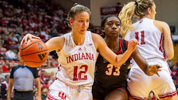 Indiana's Yarden Garzon (12) drives during the Indiana versus Brown women's basketball game at Simon Skjodt Assembly Hall on Monday, Nov. 4, 2024.