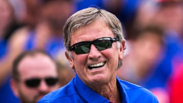 Former Florida head coach Steve Spurrier is acknowledged for his recent induction into the college football hall of fame during the game against the Tennessee Volunteers Saturday, September 16, 2017 at Ben Hill Griffin Stadium in Gainesville, Florida. The Gators beat the Volunteers 26-20. [Cyndi Chambers/ Gainesville Sun/Correspondent] 2017
