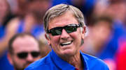 Former Florida head coach Steve Spurrier is acknowledged for his recent induction into the college football hall of fame during the game against the Tennessee Volunteers Saturday, September 16, 2017 at Ben Hill Griffin Stadium in Gainesville, Florida. The Gators beat the Volunteers 26-20. [Cyndi Chambers/ Gainesville Sun/Correspondent] 2017