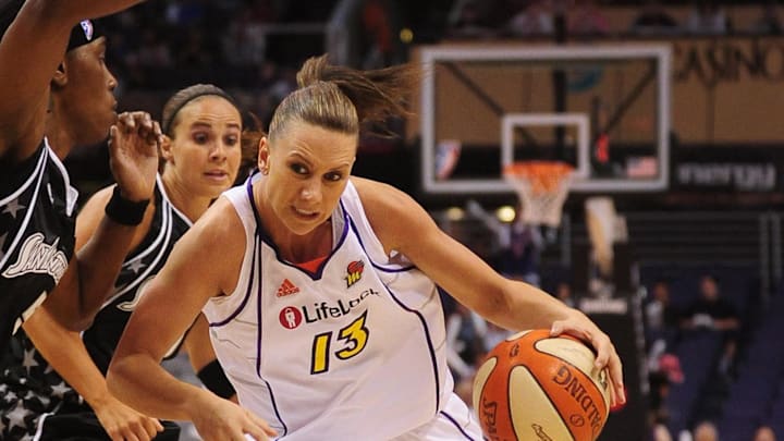 Aug 26, 2010; Phoenix, AZ, USA; Phoenix Mercury forward Penny Taylor (13) drives the ball against the San Antonio Silver Stars during the first half in game one of the Western Conference semi-finals in the 2010 WNBA playoffs at US Airways Center.  Mandatory Credit: Jennifer Stewart-Imagn Images