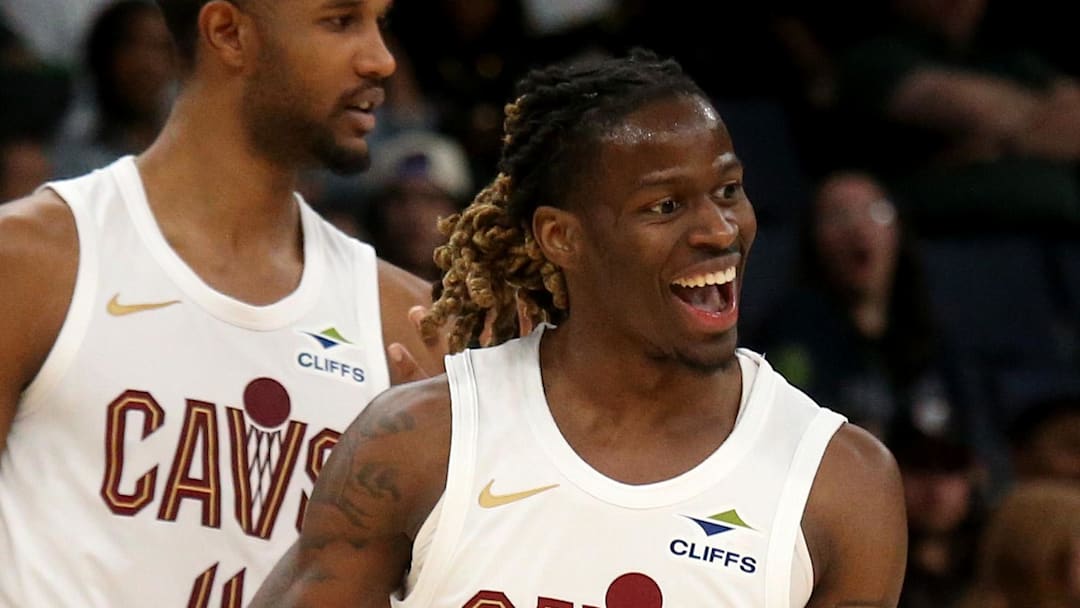 Apr 6, 2026; Memphis, Tennessee, USA; Cleveland Cavaliers guard Keon Ellis (14) reacts during the second quarter against the Memphis Grizzlies at FedExForum. Mandatory Credit: Petre Thomas-Imagn Images