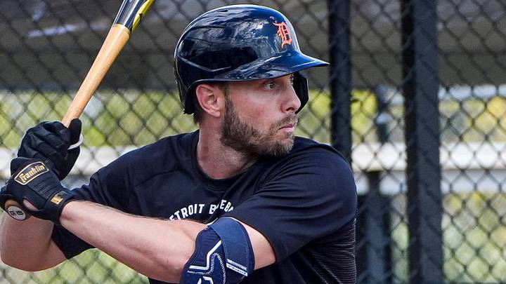 Detroit Tigers outfielder Austin Slater bats at live batting practice during spring training at TigerTown in Lakeland, Fla. on Thursday, Feb. 19, 2026.