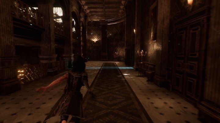Lune approaching a door with green light spilling out of it in Expediton 33's mansion.