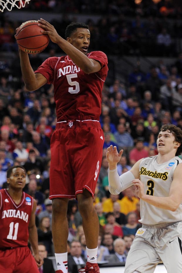 Indiana's Troy Williams grabs a rebound against Wichita State in the 2015 NCAA Tournament.