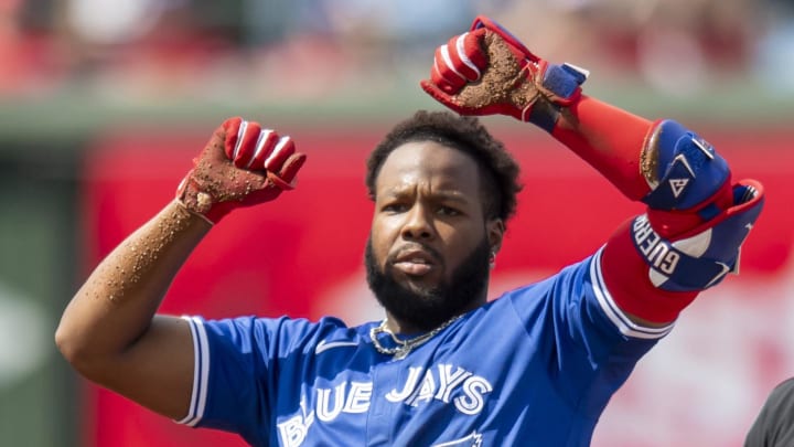 Toronto Blue Jays first base Vladimir Guerrero Jr. (27) celebrates after hitting a double during the fourth inning against the Chicago Cubs at Wrigley Field on Aug 17.