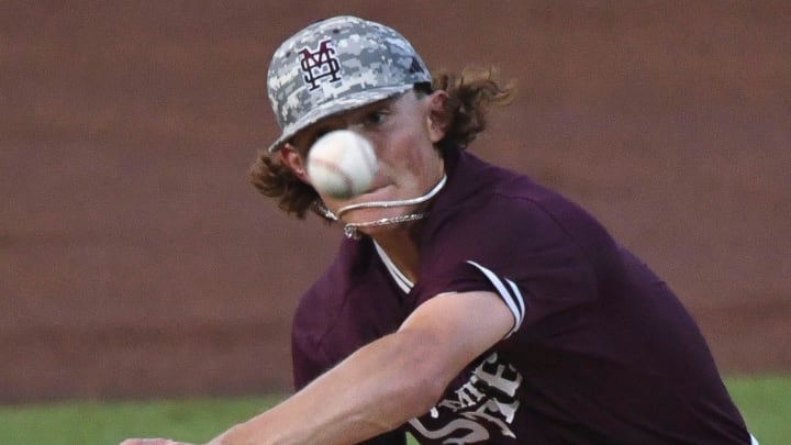 May 24 2024; Hoover, AL, USA; Mississippi State starting pitcher Pico Kohn delivers the ball to the plate against Tennessee at the Hoover Met during the SEC Tournament.