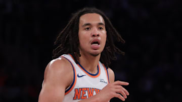 Oct 13, 2025; New York, New York, USA; New York Knicks forward Pacome Dadiet (4) dribbles up court during the first half against the Washington Wizards at Madison Square Garden. Mandatory Credit: Vincent Carchietta-Imagn Images