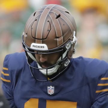 Green Bay Packers kicker Brandon McManus (17) reacts after missing a field goal in the third quarter against the Panthers.