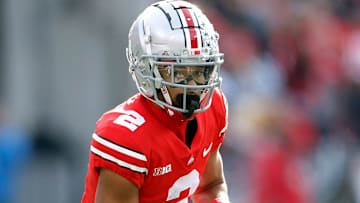 Ohio State Buckeyes wide receiver Chris Olave (2) makes a catch against Michigan State Spartans in the second quarter during their NCAA College football game at Ohio Stadium in Columbus, Ohio on November 20, 2021.