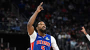 Feb 9, 2025; Detroit, Michigan, USA;  Detroit Pistons guard Malik Beasley (5) celebrates after making a three-point shot against the Charlotte Hornets in the first quarter at Little Caesars Arena. Mandatory Credit: Lon Horwedel-Imagn Images