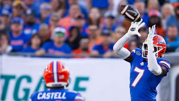 Florida Gators defensive back Trikweze Bridges (7) intercepts the ball during the first half at Raymond James Stadium in Tampa, FL on Friday, December 20, 2024 in the 2024 Union Home Mortgage Gasparilla Bowl. [Doug Engle/Gainesville Sun]