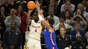 Houston's LJ Cryer (4) shoots during the NCAA Tournament title game against Florida on April 7, 2025.