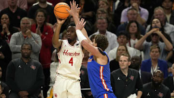 Houston's LJ Cryer (4) shoots during the NCAA Tournament title game against Florida on April 7, 2025.
