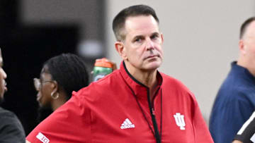 Sep 20, 2025; Bloomington, Indiana, USA; Indiana Hoosiers head coach Curt Cignetti watches his team prior to the game against the Illinois Fighting Illini at Memorial Stadium. 