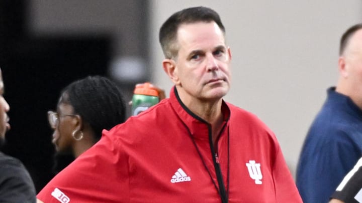 Sep 20, 2025; Bloomington, Indiana, USA; Indiana Hoosiers head coach Curt Cignetti watches his team prior to the game against the Illinois Fighting Illini at Memorial Stadium. Sep 20, 2025; Bloomington, Indiana, USA; Indiana Hoosiers head coach Curt Cignetti watches his team prior to the game against the Illinois Fighting Illini at Memorial Stadium.