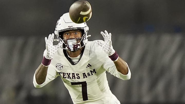 Nov. 8, 2025; Columbia, Missouri, USA; Texas A&M Aggies wide receiver KC Concepcion (7) returns a punt during the second half against the Missouri Tigers at Faurot Field at Memorial Stadium. Mandatory Credit: Jay Biggerstaff-Imagn Images