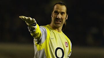 David Seaman of Arsenal signals to his team mates