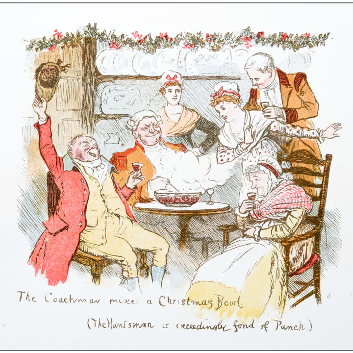 A 19th-century illustration of Christmas punch drinkers by Randolph  Caldecott