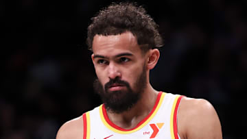 Trae Young #11 of the Atlanta Hawks looks on against the Brooklyn Nets.