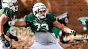 Michigan State offensive lineman Rustin Young, right, and Stanton Ramil work out during football practice on Tuesday, April 8, 2025, in East Lansing.