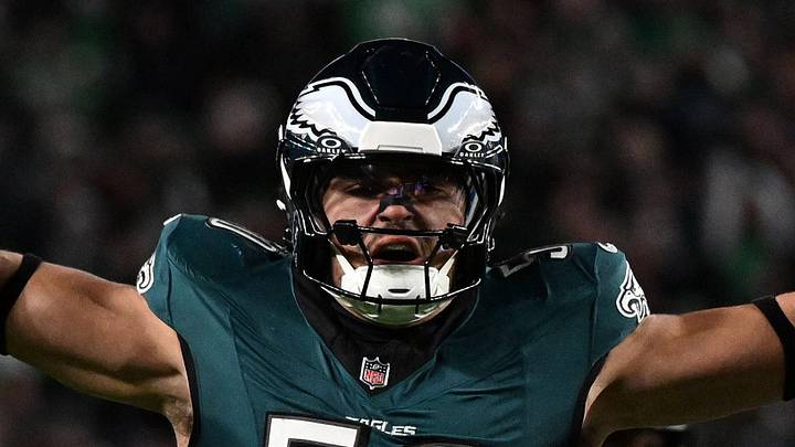 Nov 16, 2025; Philadelphia, Pennsylvania, USA; Philadelphia Eagles linebacker Jaelan Phillips (50) reacts after sacking Detroit Lions quarterback Jared Goff (16) during the first half at Lincoln Financial Field. Mandatory Credit: Eric Hartline-Imagn Images