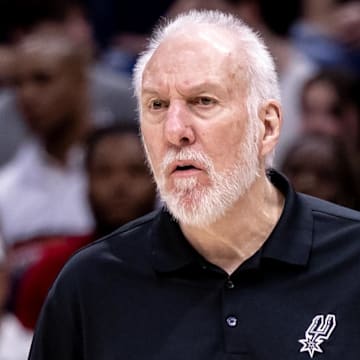 Apr 5, 2024; New Orleans, Louisiana, USA; San Antonio Spurs head coach Gregg Popovich looks on against the New Orleans Pelicans during the first half at Smoothie King Center. Mandatory Credit: Stephen Lew-Imagn Images