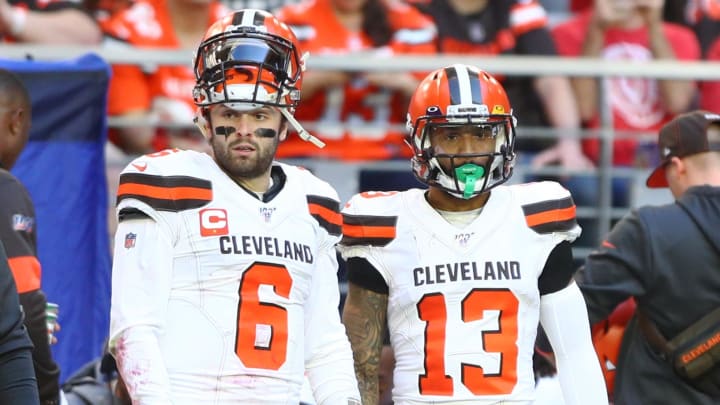 Dec 15, 2019; Glendale, AZ, USA; Cleveland Browns quarterback Baker Mayfield (6) and wide receiver Odell Beckham Jr. (13) in the first half against the Arizona Cardinals at State Farm Stadium. Mandatory Credit: Mark J. Rebilas-USA TODAY Sports