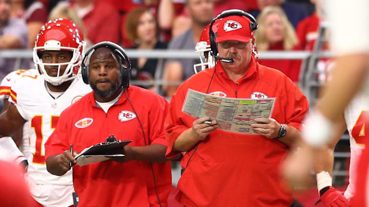 Eric Bieniemy and Andy Reid survey the situation in a Chiefs game. It's that tite winning success Bieniemy brings to Chicago that is critical. Eric Bieniemy and Andy Reid survey the situation in a Chiefs game. It's that tite winning success Bieniemy brings to Chicago that is critical.