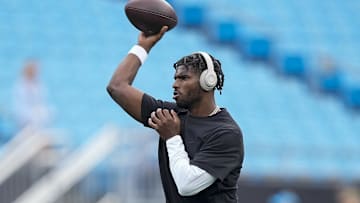 Aug 8, 2025; Charlotte, North Carolina, USA; Cleveland Browns quarterback Shedeur Sanders (12) throws the ball  during pregame warm ups against the Carolina Panthers at Bank of America Stadium. Mandatory Credit: Jim Dedmon-Imagn Images