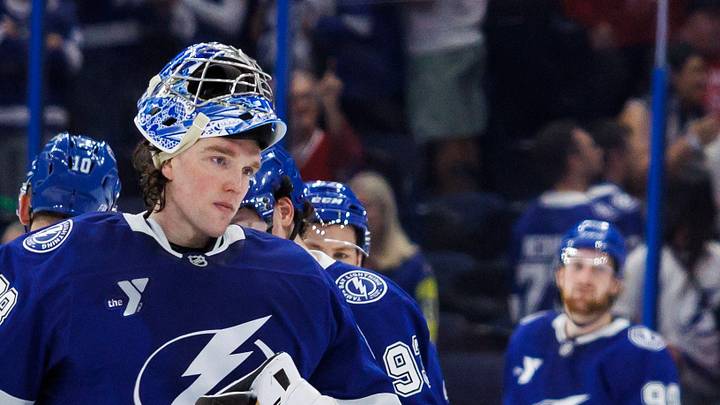 May 3, 2026; Tampa, Florida, USA; Tampa Bay Lightning goalie Andrei Vasilevskiy (88) reacts to losing to the Montreal Canadiens in game seven of the first round of the 2026 Stanley Cup Playoffs at Benchmark International Arena. Mandatory Credit: Morgan Tencza-Imagn Images