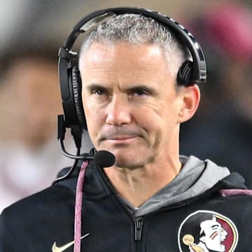 Nov 9, 2024; South Bend, Indiana, USA; Florida State Seminoles head coach Mike Norvell watches in the third quarter against the Notre Dame Fighting Irish at Notre Dame Stadium. Mandatory Credit: Matt Cashore-Imagn Images