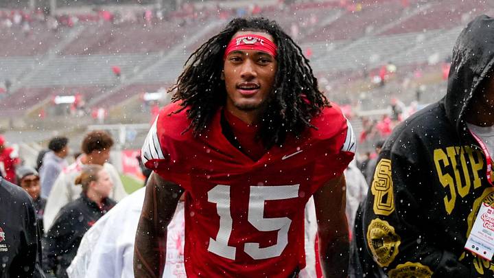 Wide receiver Chris Henry Jr. (15) walks off the field in the rain after the Ohio State football spring game at Ohio Stadium on Saturday, April 18, 2026 in Columbus, Ohio.