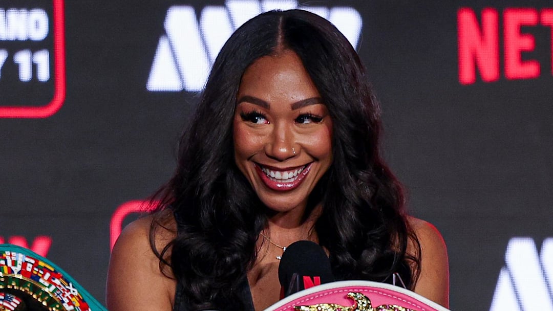 Apr 9, 2025; New York, New York, USA; Alycia Baumgardner speaks at a press conference announcing Taylor vs Serrano 3 at Madison Square Garden. Mandatory Credit: Vincent Carchietta-Imagn Images
