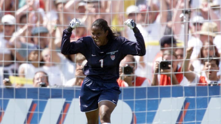 July 10, 1999; Pasadena, CA, USA;  Briana Scurry celebrates stopping China's Liu Ying's penalty shot that precerved the USA's win in the Women's World Cup.
