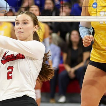 Nebraska's Bergen Reilly hits the ball during the third set against Long Island in an NCAA women's college volleyball tournament first-round match Friday, Dec. 1, 2023, in Lincoln, Neb.