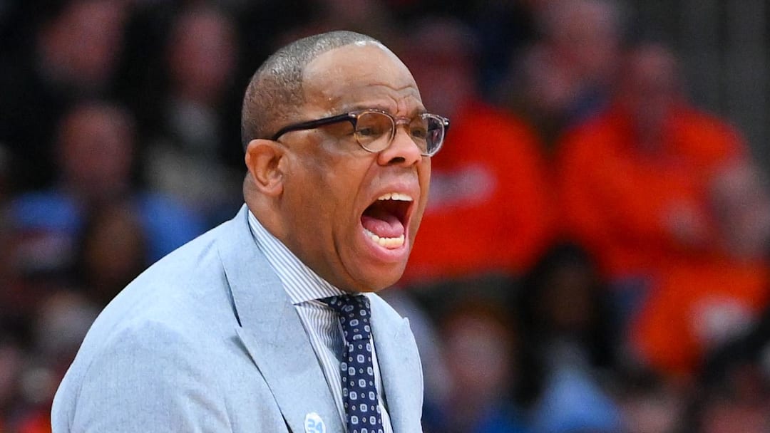 Feb 21, 2026; Syracuse, New York, USA; North Carolina Tar Heels head coach Hubert Davis reacts during the second half against the Syracuse Orange at the JMA Wireless Dome. Mandatory Credit: Rich Barnes-Imagn Images
