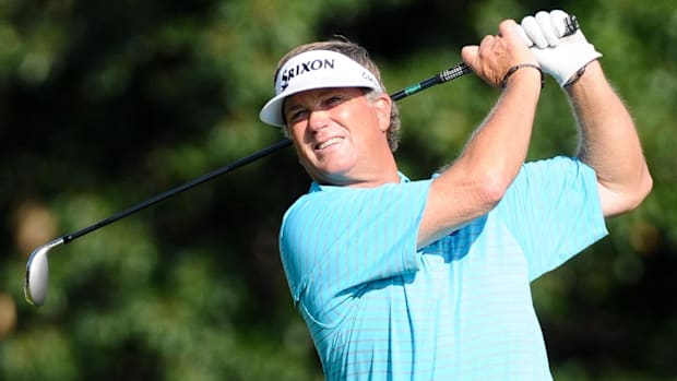 Peter Jacobsen tees off on the 9th hole during the second round of the 2012 U.S. Senior Open.