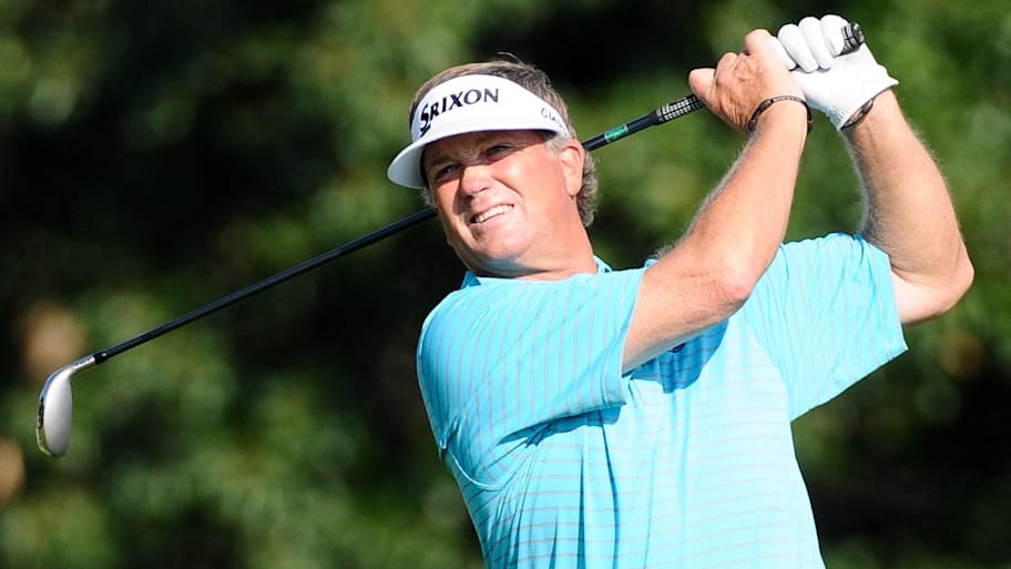 Peter Jacobsen tees off on the 9th hole during the second round of the 2012 U.S. Senior Open.