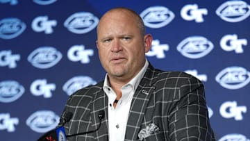 Jul 23, 2025; Charlotte, NC, USA; Georgia Tech Head Coach Brent Key answers questions from the media during ACC Media days at Hilton Charlotte Uptown. Mandatory Credit: Jim Dedmon-Imagn Images