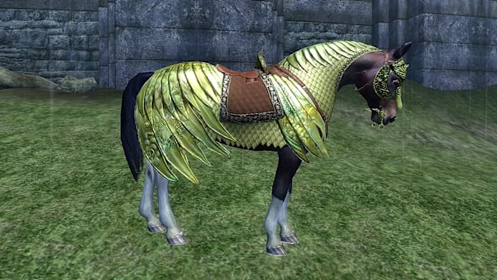 A horse wearing golden armor.
