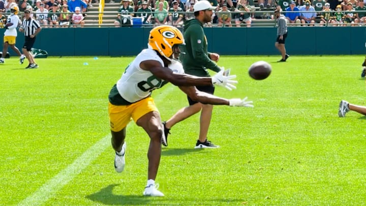 Isaiah Neyor makes a catch at Packers training camp. Isaiah Neyor makes a catch at Packers training camp.