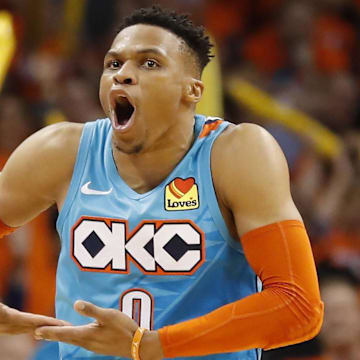 Apr 19, 2019; Oklahoma City, OK, USA; Oklahoma City Thunder guard Russell Westbrook (0) reacts after scoring against the Portland Trail Blazers during the second half in game three of the first round of the 2019 NBA Playoffs at Chesapeake Energy Arena. Mandatory Credit: Alonzo Adams-Imagn Images