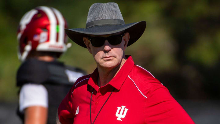 Indiana coach Curt Cignetti looks on during fall camp.