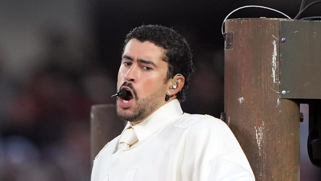 Bad Bunny performs during halftime in Super Bowl LX