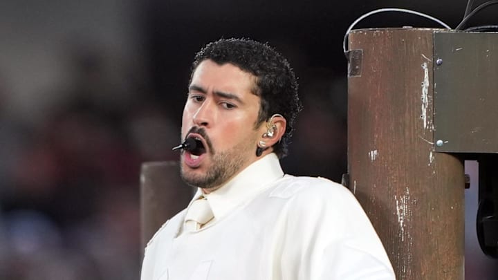 Bad Bunny performs during halftime in Super Bowl LX