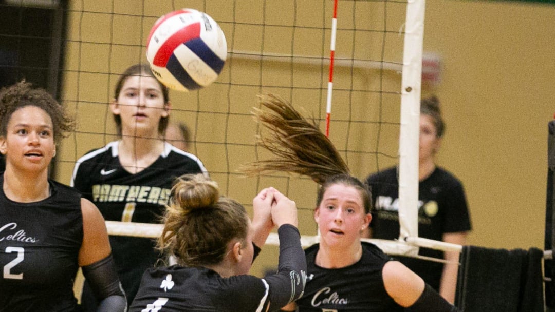 The Trinity Christan Celtics (foreground) and Plant Panthers battle in a 2023 Florida girls high school volleyball match. The Panthers are No. 2 in our initial 2024 Florida Top 25 Girls High School Volleyball Rankings and the Celtics come in at No. 15.