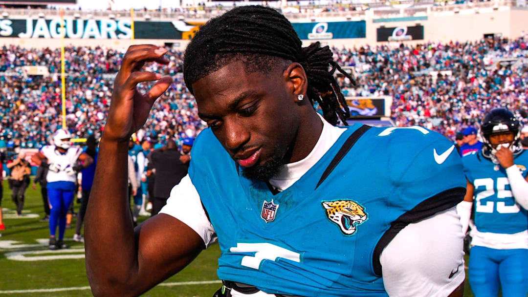 Jacksonville Jaguars wide receiver Brian Thomas Jr. (7) walks off the field after losing to the Bills during an NFL football AFC Wild Card playoff matchup, Sunday, Jan. 11, 2026, in Jacksonville, Fla. Bills lead 10-7 at the half over the Jaguars. The Bills defeated the Jaguars 27-24. [Doug Engle/Florida Times-Union]