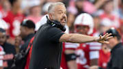 Nebraska football head coach Matt Rhule gives instructions against Akron.