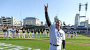 Detroit Tigers designated hitter Miguel Cabrera waves to fans after making his last play at first base as a Tigear during eighth inning action on Sunday, Oct. 1, 2023.